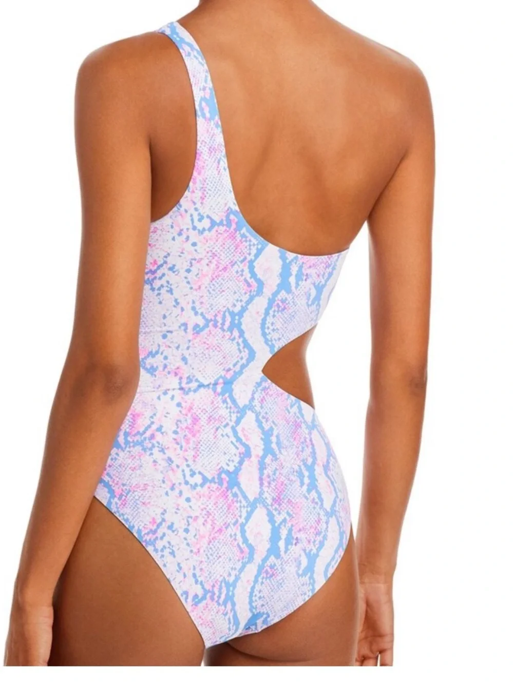 Aqua One-Shoulder Cutout Swimsuit in Pink & Blue Snake Print size L